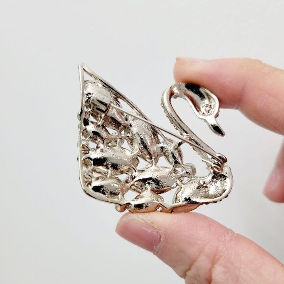 Brand New Copper Tone Swan Rhinestone Brooch Pin - Picture 7 of 9